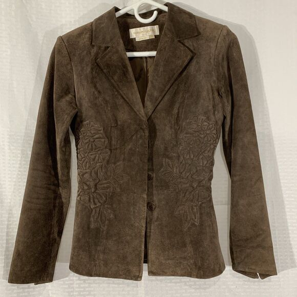 Margaret Godfrey Leather Suede Jacket Womens Small Petite Brown PP - Picture 1 of 8